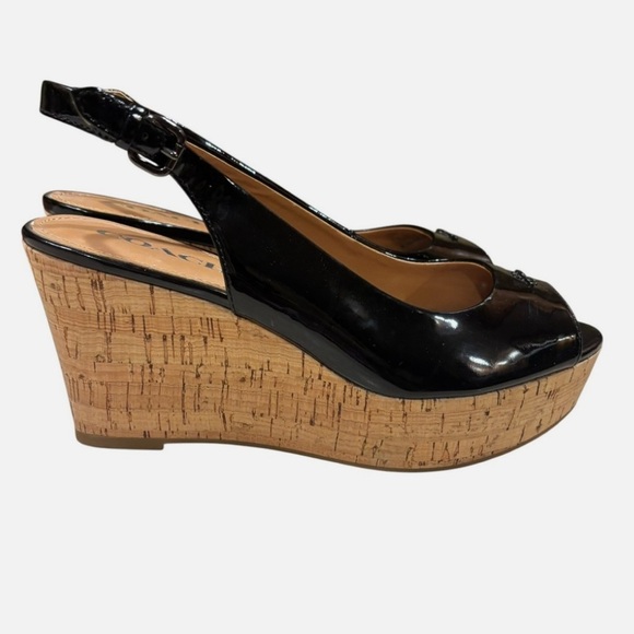 Coach Shoes - NWOB Coach Ferry Black Patent Leather Peek A Boo Toe Slingback Cork Wedges 8.5B